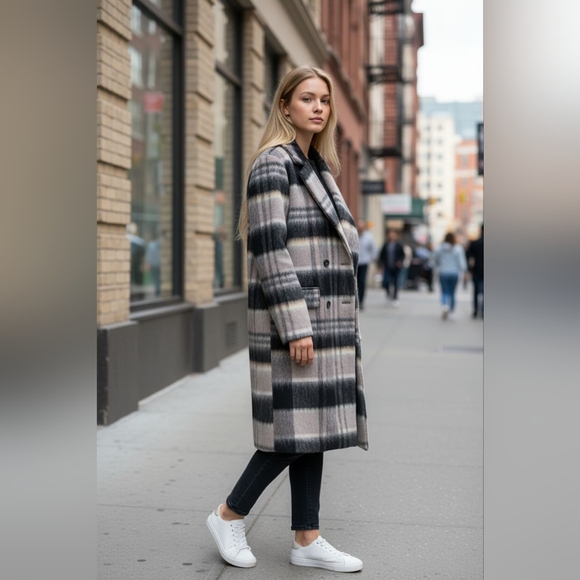 Vintage Forever 21 Jacket Duster All Over Curve Long-Line Overcoat Shadow Check - Picture 2 of 15